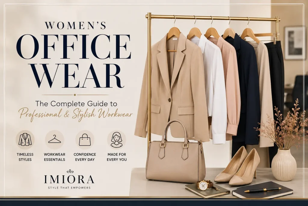 Women's office wear featuring elegant professional outfits, blazers, and workwear essentials by Imiora.