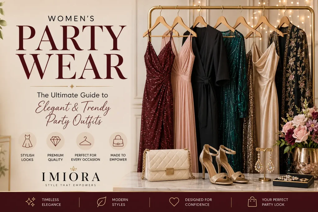 Women's party wear featuring elegant dresses and stylish party outfits by Imiora.
