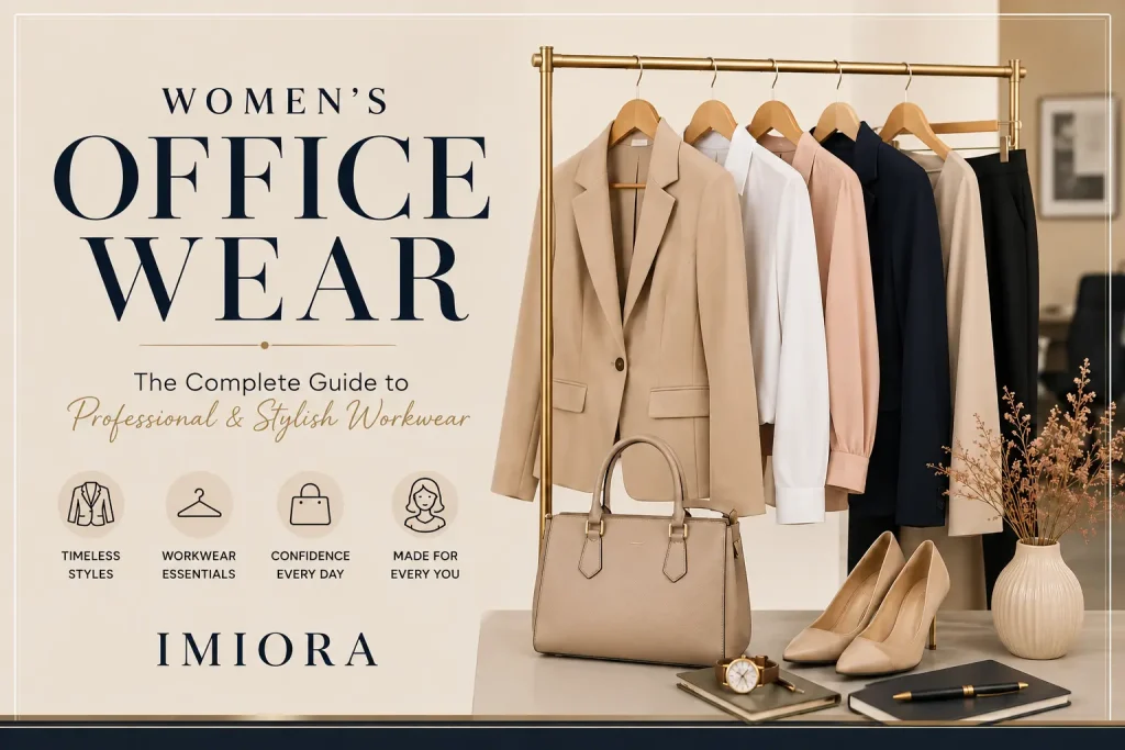 Women's office wear featuring elegant professional outfits, blazers, and workwear essentials by Imiora.