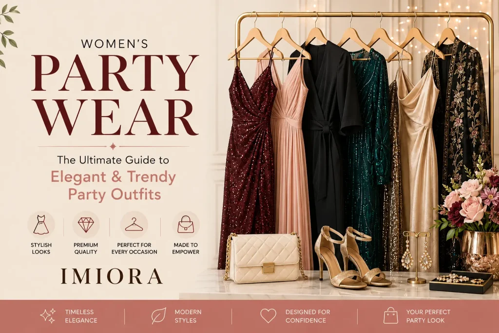 Women's party wear featuring elegant dresses and stylish party outfits by Imiora.